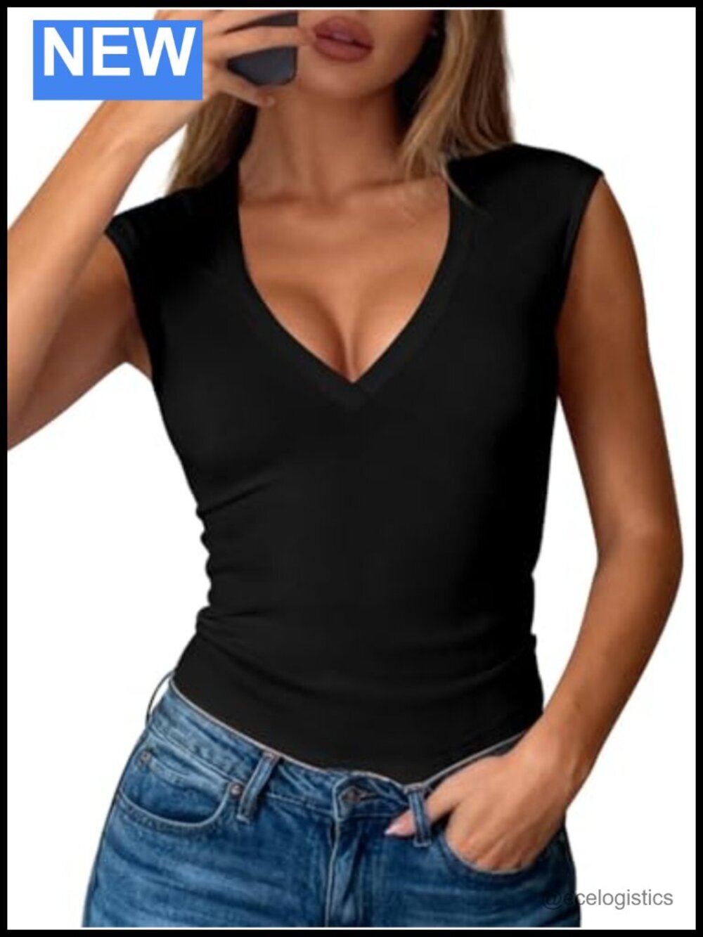 Sleeveless Deep V Neck Ribbed Knit Crop Top Y2K Going Out Stretch Fit T Shirt
